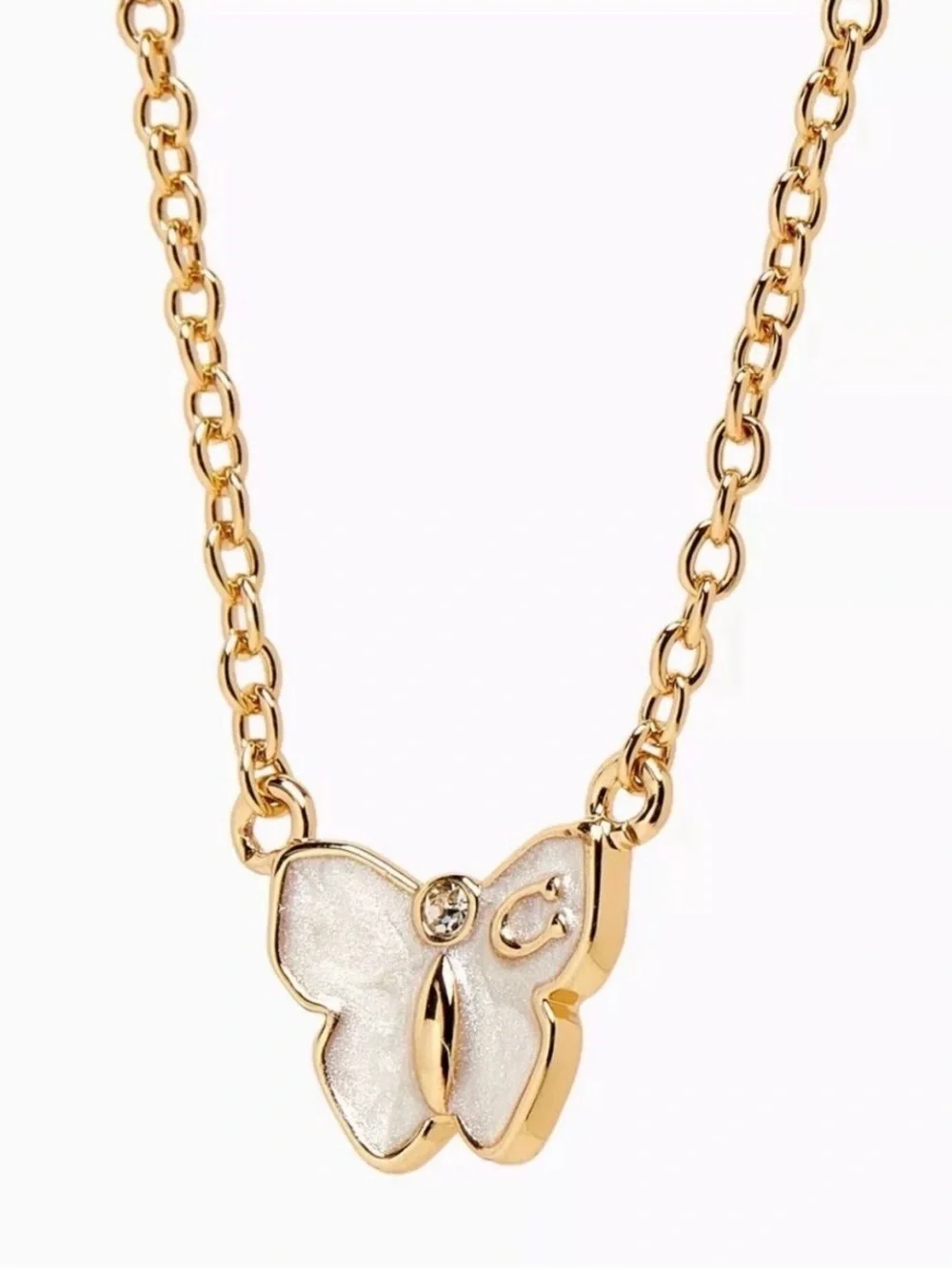 Coach Signature Butterfly Necklace Gold Tone White Enamel w/ a Crystal Accent